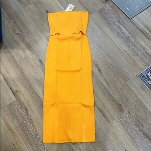 Orange Strapless Midi Dress ribbed bodycon dress